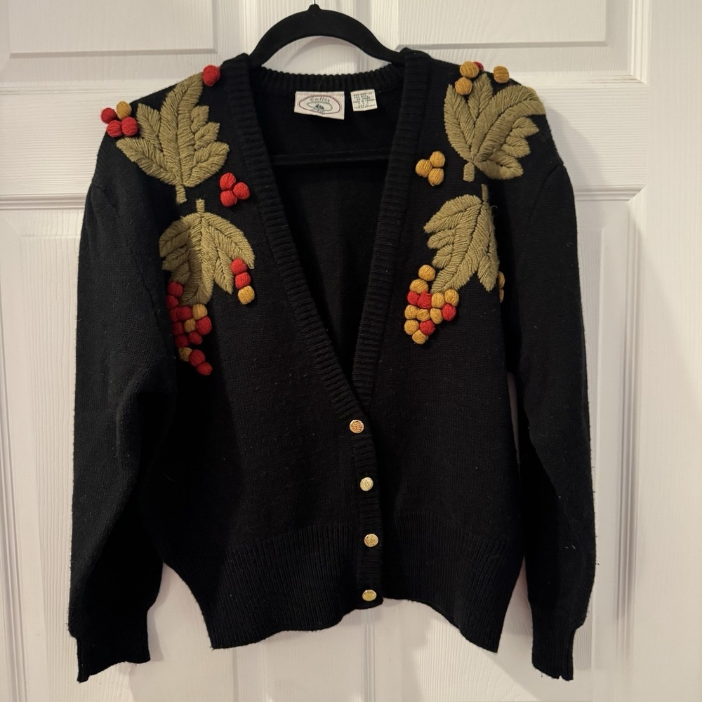 Vintage Cutter Ltd Cardigan Sweater Women's Sz L Black Floral Boho‎ Cottagecore